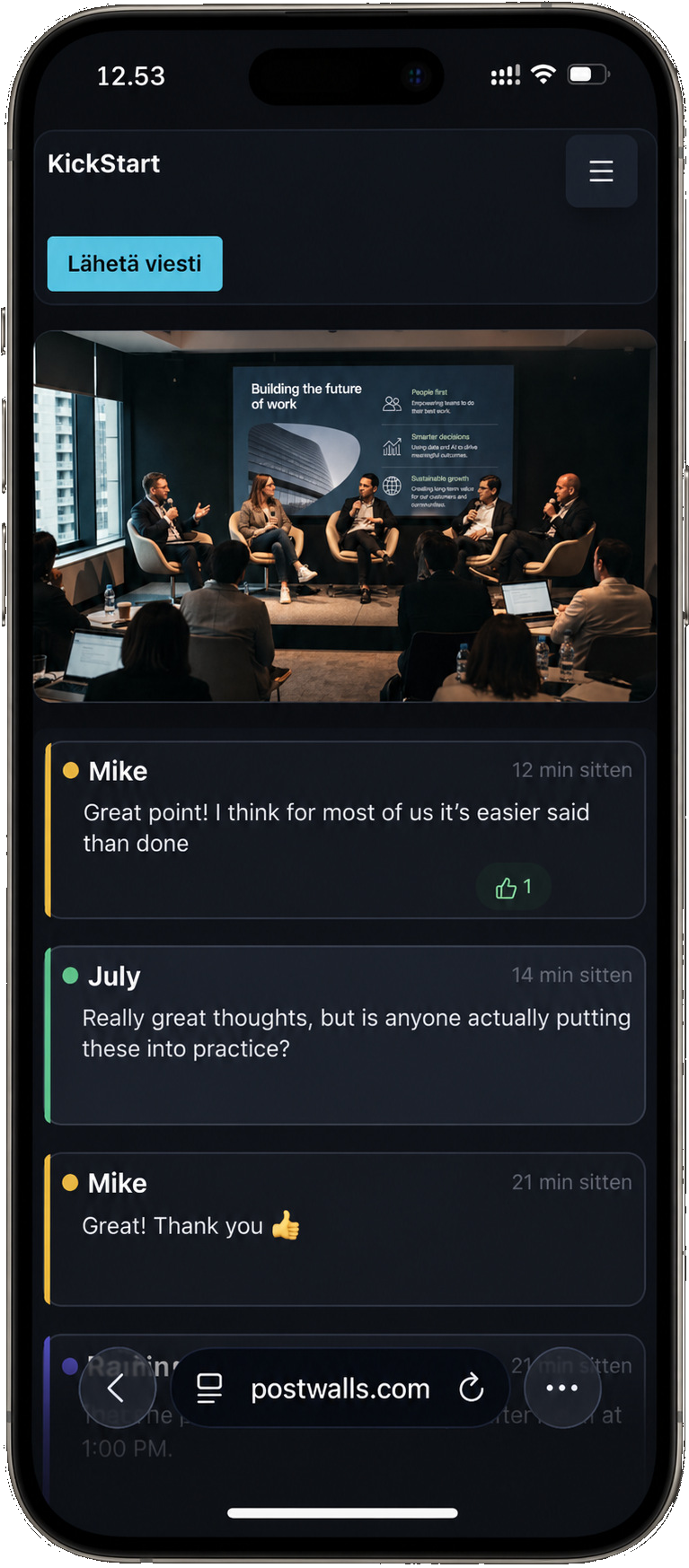Panel discussion example showing live event with chat integration